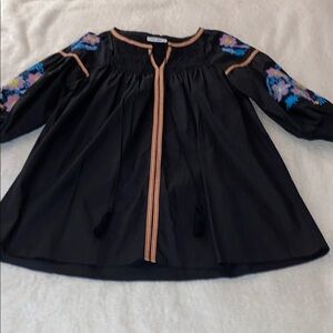 EUC MAYBE WANG Black Tunic Blouse Colorful Floral Embroidery Ballon Sleeves Sz L